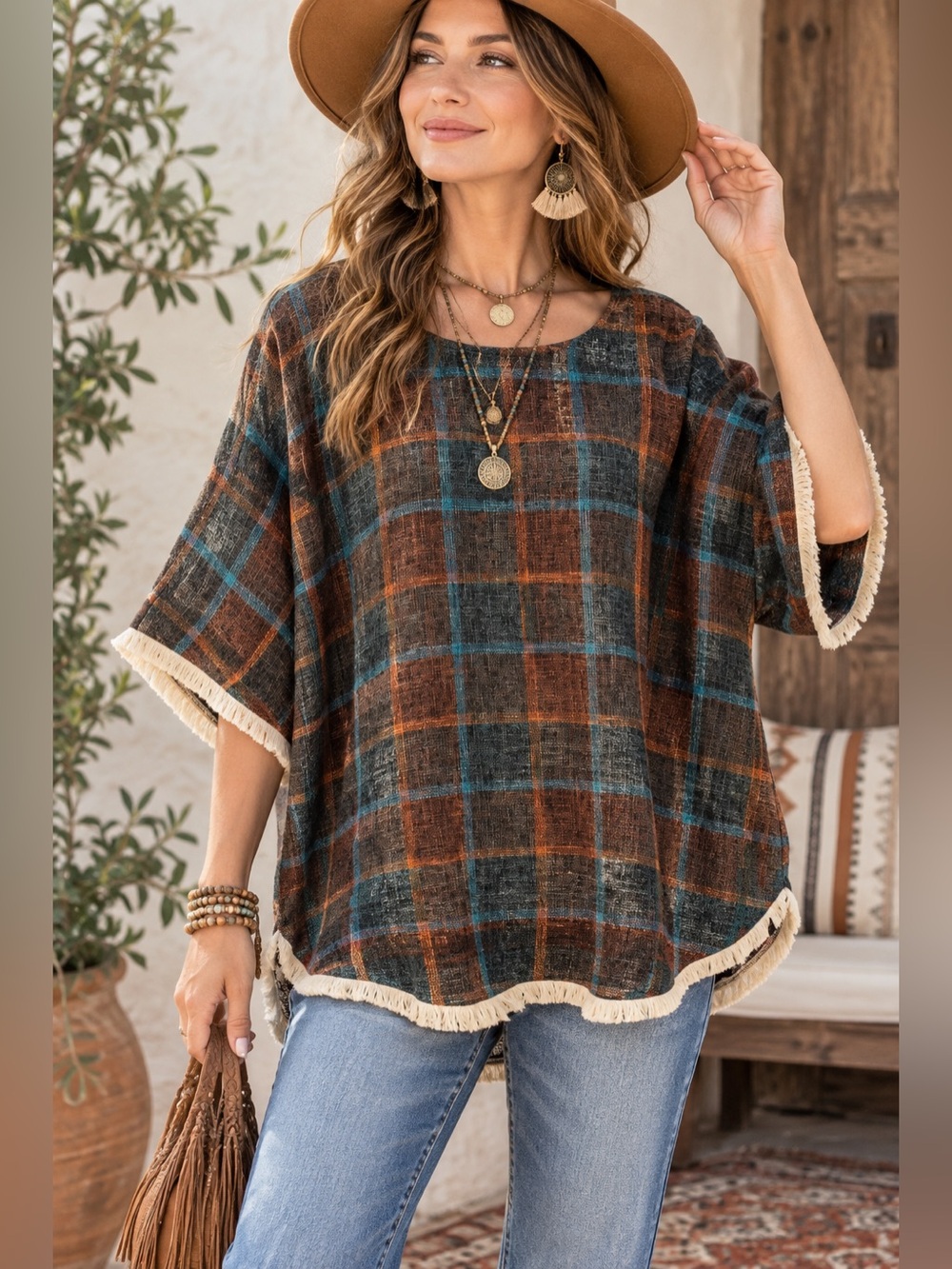 Paisley Vine Plaid Fringe Tunic Top Multi-Rust Boho Boxy Woven M